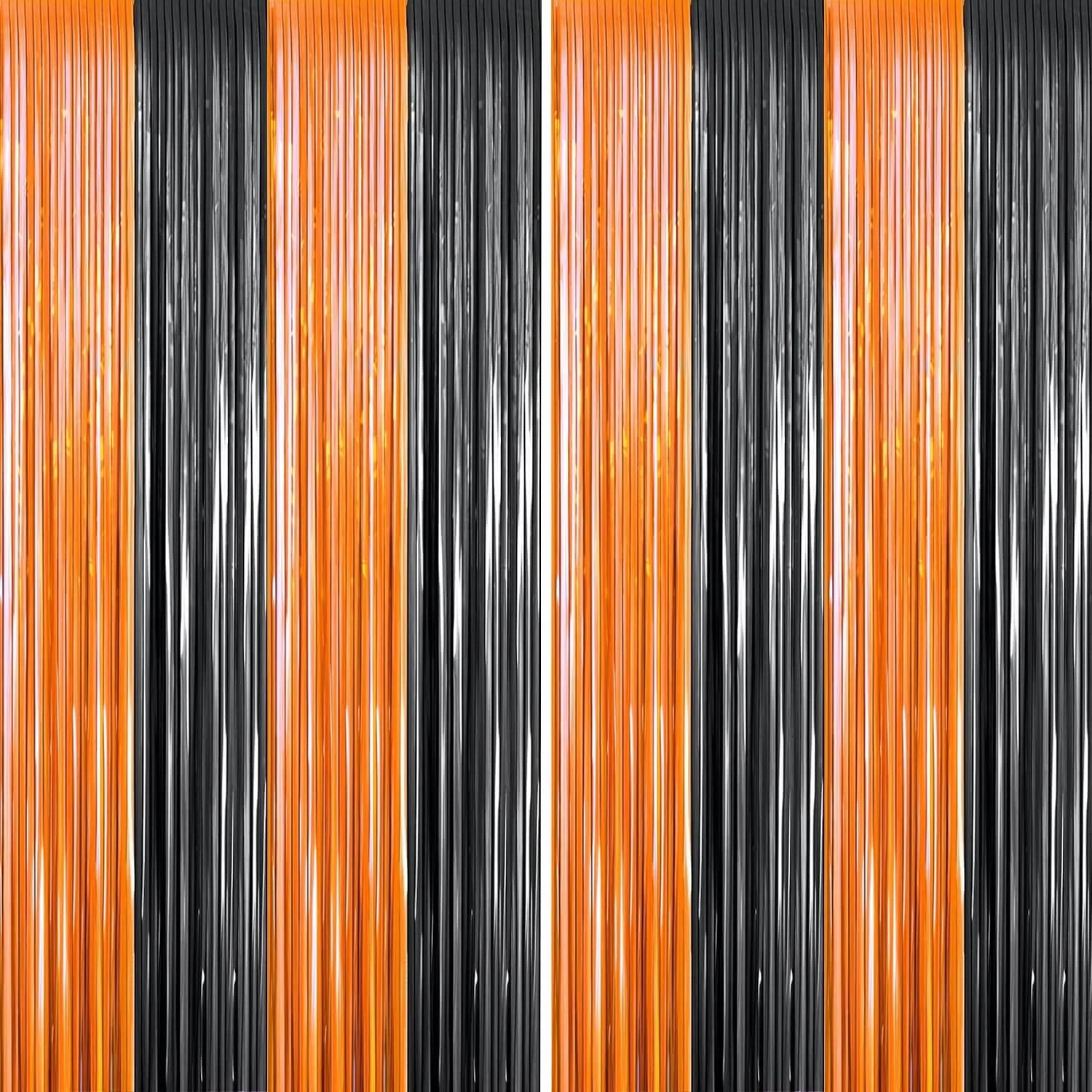 2 Packs 3ft x 8.4ft Orange Black Metallic Tinsel Foil Fringe Curtains Photo Booth Props for Halloween Birthday Bridal Shower Baby Shower Bachelorette Holiday Celebration Party Decorations