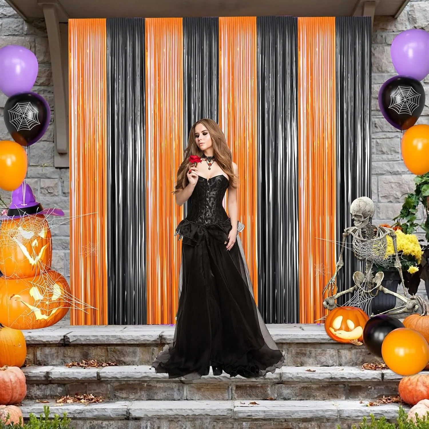 2 Packs 3ft x 8.4ft Orange Black Metallic Tinsel Foil Fringe Curtains Photo Booth Props for Halloween Birthday Bridal Shower Baby Shower Bachelorette Holiday Celebration Party Decorations