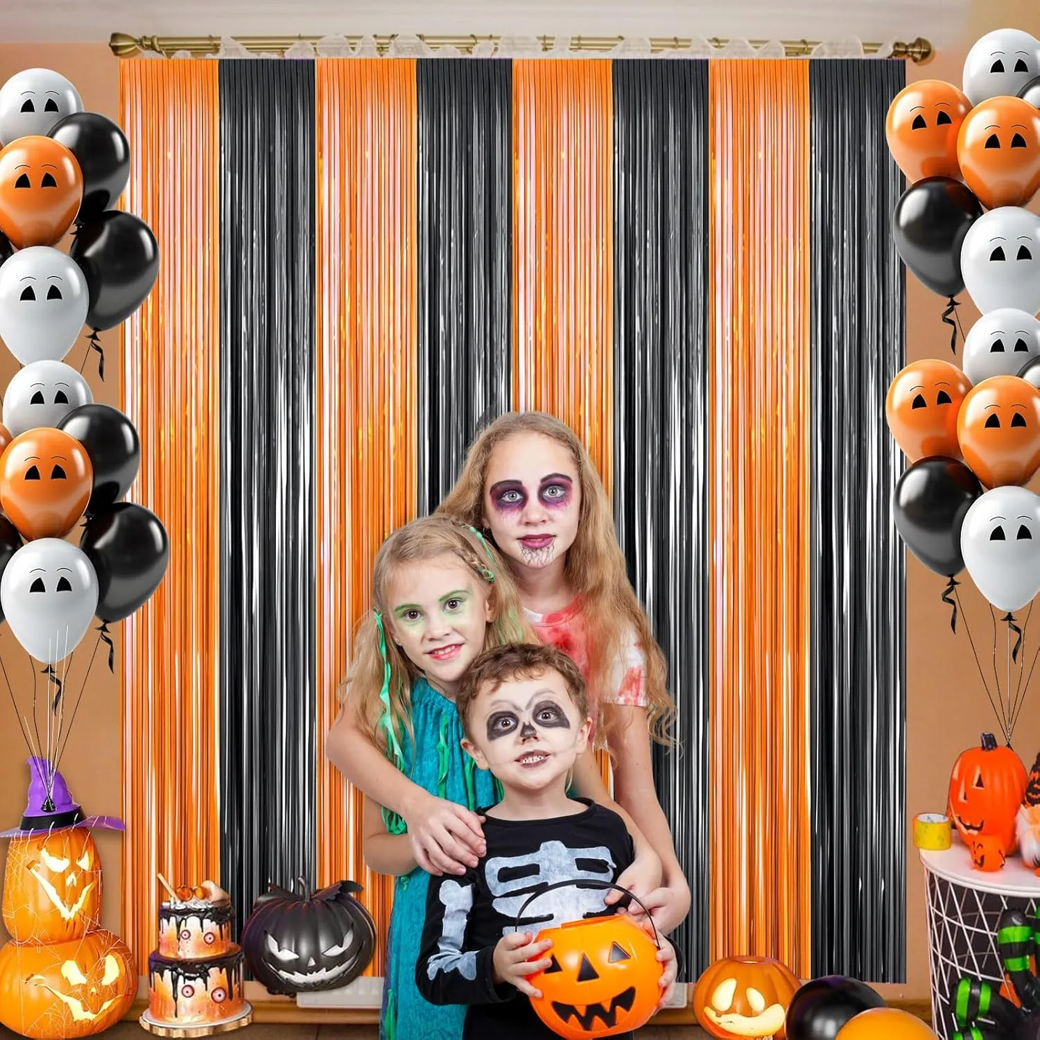 2 Packs 3ft x 8.4ft Orange Black Metallic Tinsel Foil Fringe Curtains Photo Booth Props for Halloween Birthday Bridal Shower Baby Shower Bachelorette Holiday Celebration Party Decorations
