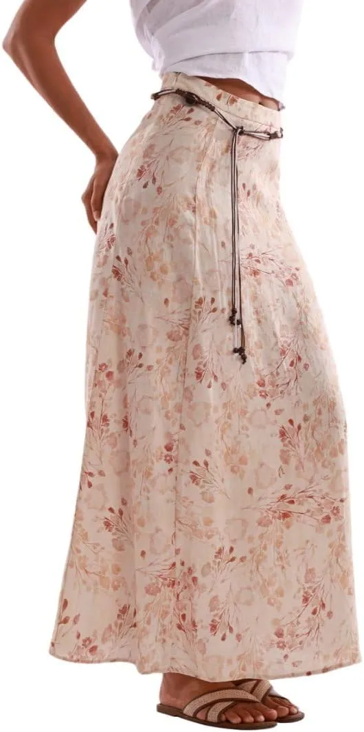 Amazhiyu Women's 100% Linen A-line Maxi Skirt with Matching Belt Summer Casual