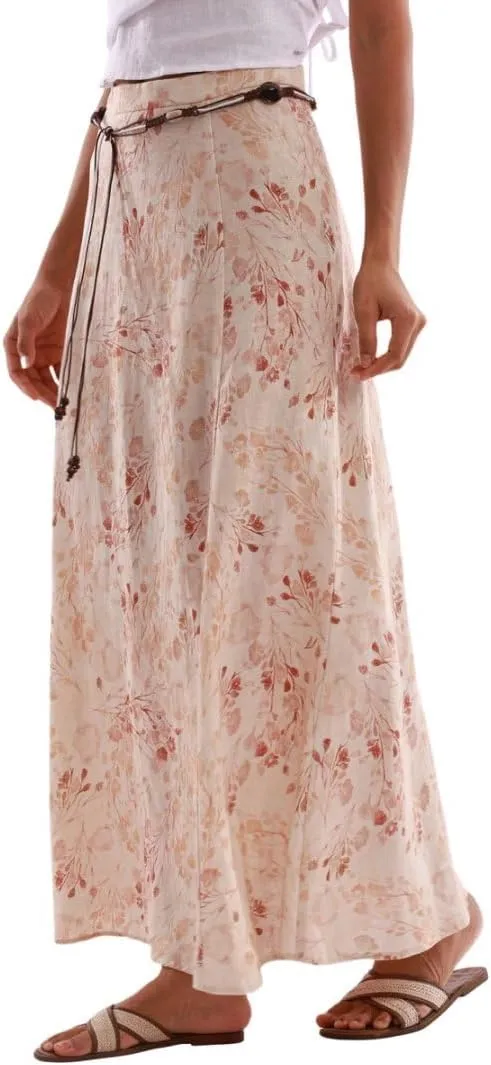 Amazhiyu Women's 100% Linen A-line Maxi Skirt with Matching Belt Summer Casual