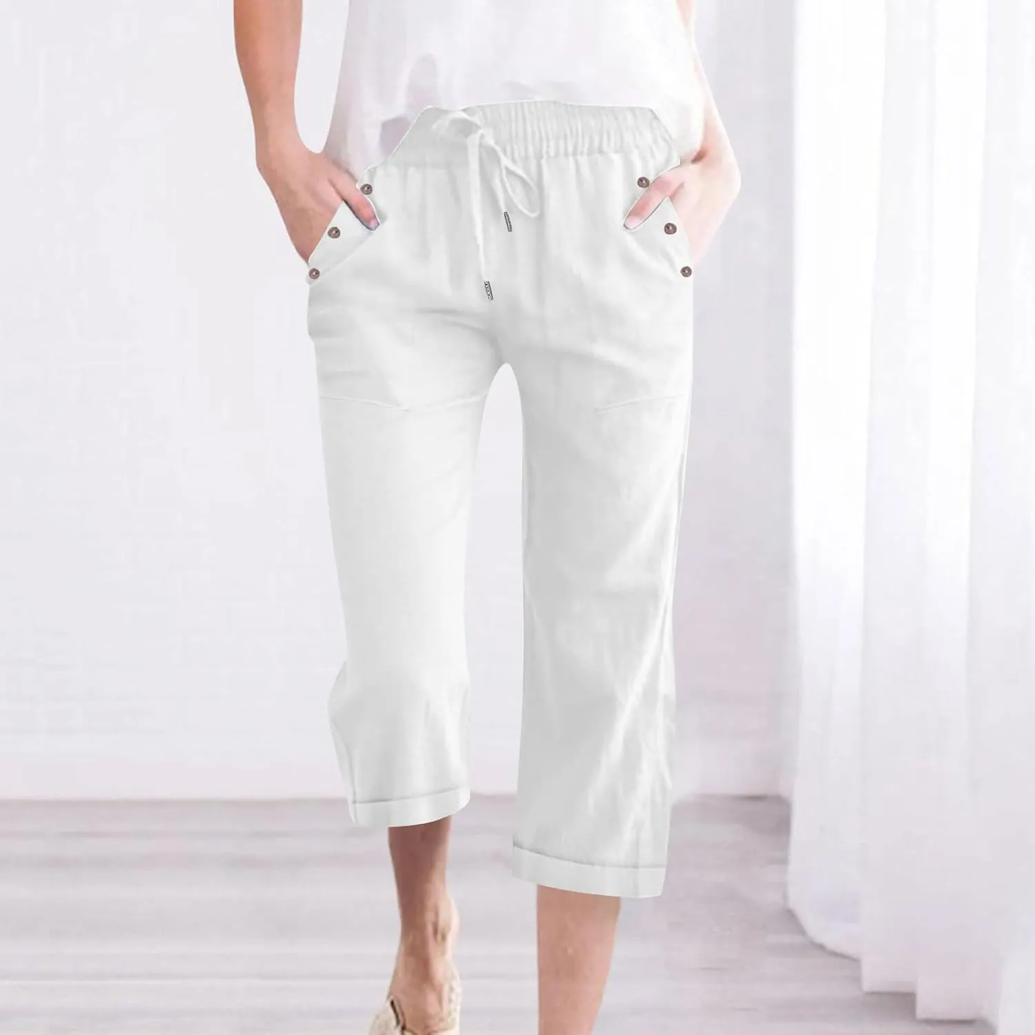 Anjikang Womens Capris for Summer Plus Size Lightweight Linen Capri Pants High Waisted Wide Leg Cropped Pants with Pockets
