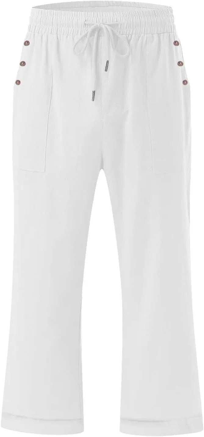 Anjikang Womens Capris for Summer Plus Size Lightweight Linen Capri Pants High Waisted Wide Leg Cropped Pants with Pockets