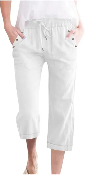 Anjikang Womens Capris for Summer Plus Size Lightweight Linen Capri Pants High Waisted Wide Leg Cropped Pants with Pockets