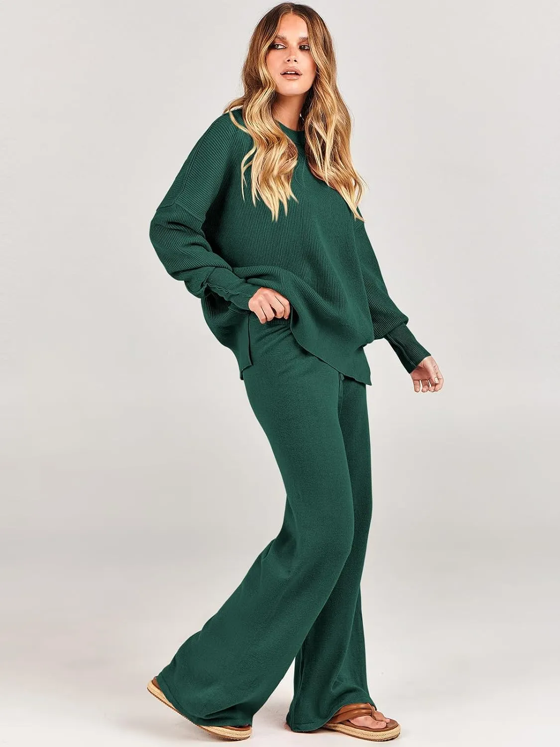 ANRABESS Women 2 Piece Outfits Oversized Chunky Knit Sweater Top Wide Leg Pants 2025 Fall Lounge Set Trendy Cozy Clothes
