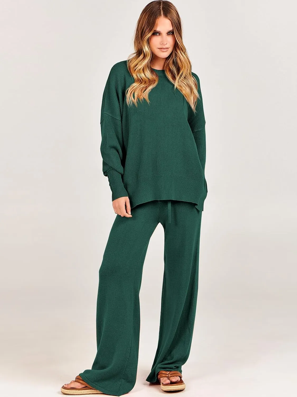 ANRABESS Women 2 Piece Outfits Oversized Chunky Knit Sweater Top Wide Leg Pants 2025 Fall Lounge Set Trendy Cozy Clothes