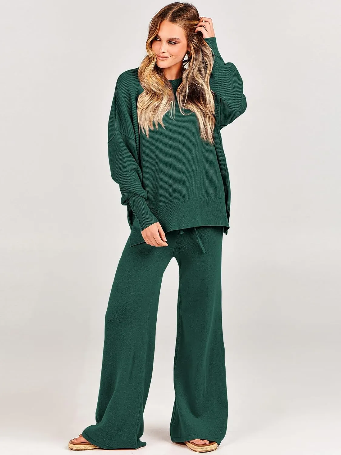 ANRABESS Women 2 Piece Outfits Oversized Chunky Knit Sweater Top Wide Leg Pants 2025 Fall Lounge Set Trendy Cozy Clothes