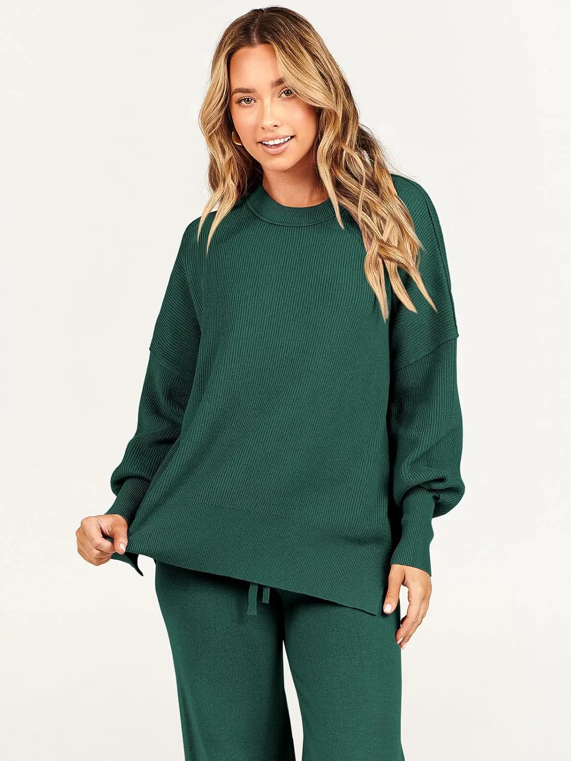 ANRABESS Women 2 Piece Outfits Oversized Chunky Knit Sweater Top Wide Leg Pants 2025 Fall Lounge Set Trendy Cozy Clothes