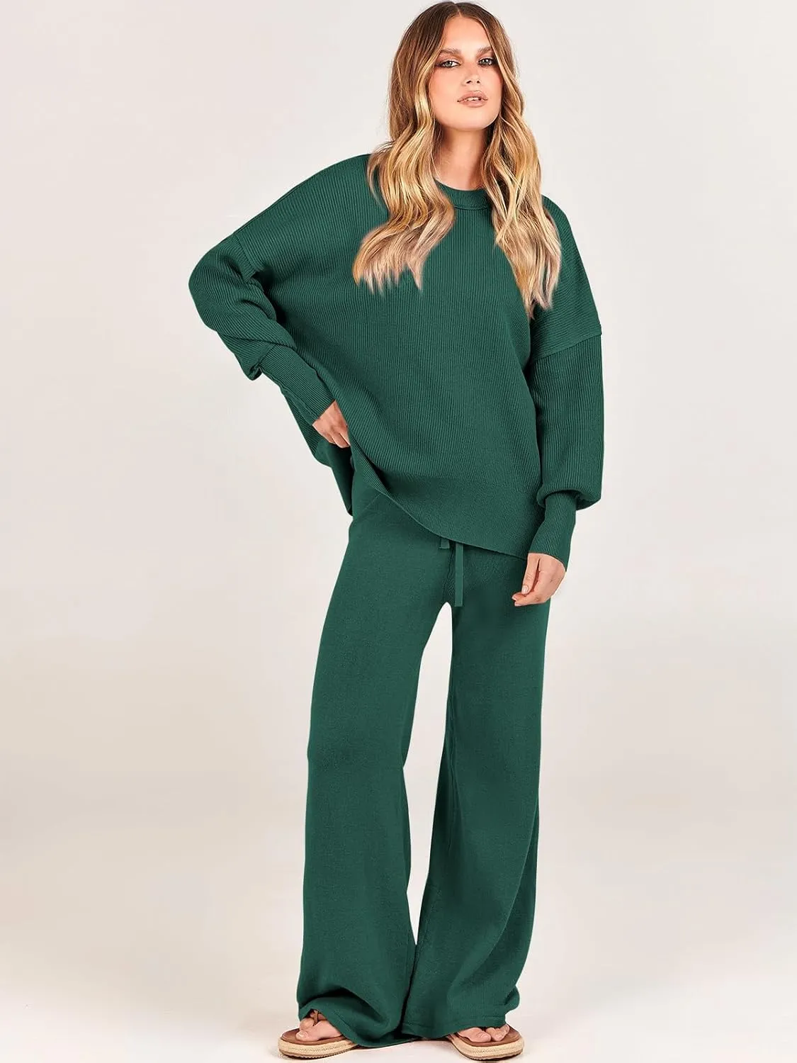 ANRABESS Women 2 Piece Outfits Oversized Chunky Knit Sweater Top Wide Leg Pants 2025 Fall Lounge Set Trendy Cozy Clothes