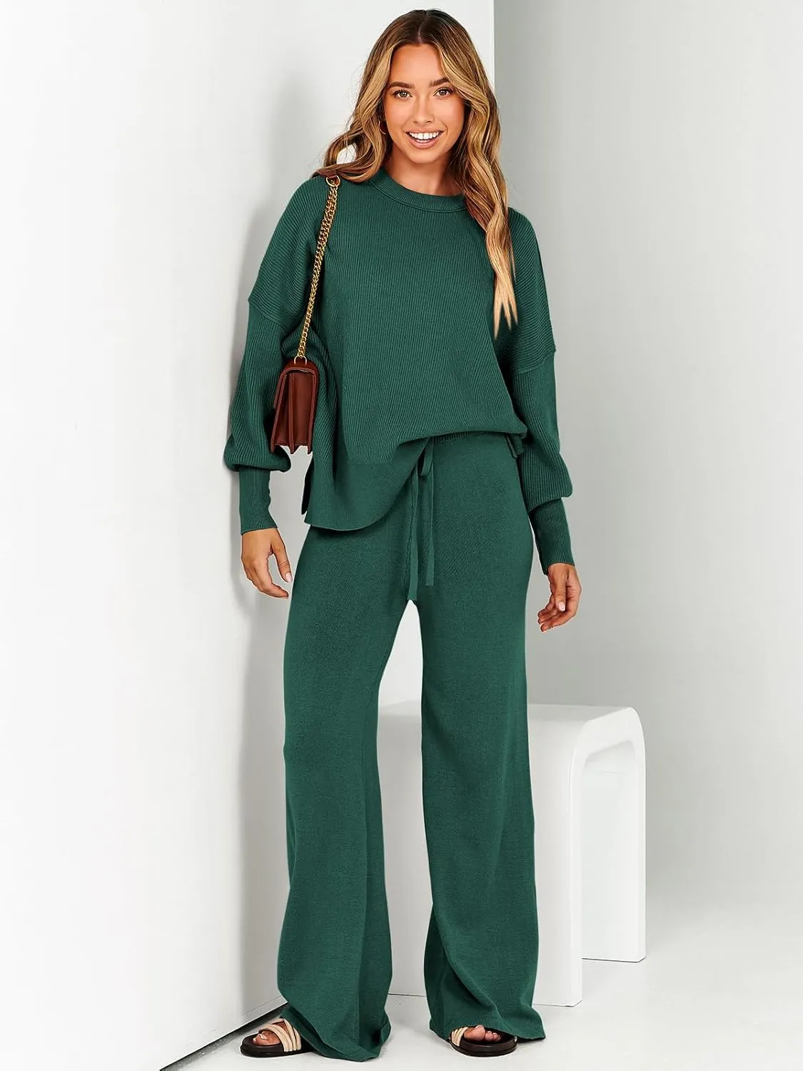 ANRABESS Women 2 Piece Outfits Oversized Chunky Knit Sweater Top Wide Leg Pants 2025 Fall Lounge Set Trendy Cozy Clothes