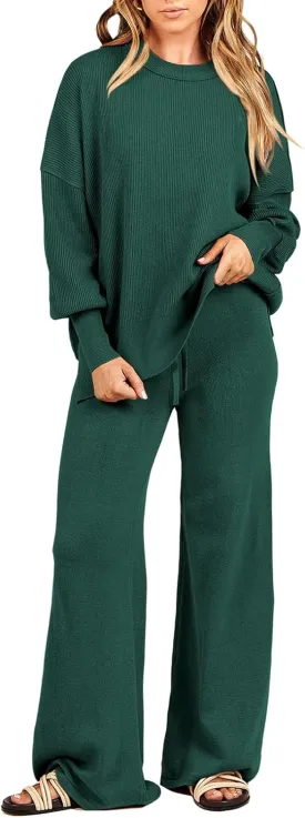 ANRABESS Women 2 Piece Outfits Oversized Chunky Knit Sweater Top Wide Leg Pants 2025 Fall Lounge Set Trendy Cozy Clothes