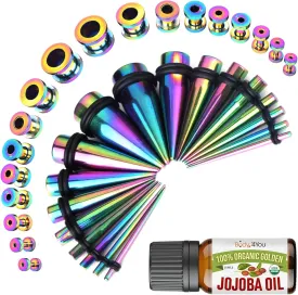 BodyJ4You 37PC Ear Stretching Kit - Beginner Gauges 14G-00G Starter Set - Aftercare Jojoba Oil - Steel Tapers Single Flare Plugs Screw Fit Tunnels - Women Eyelet Men Earrings Expander Piercing Jewelry