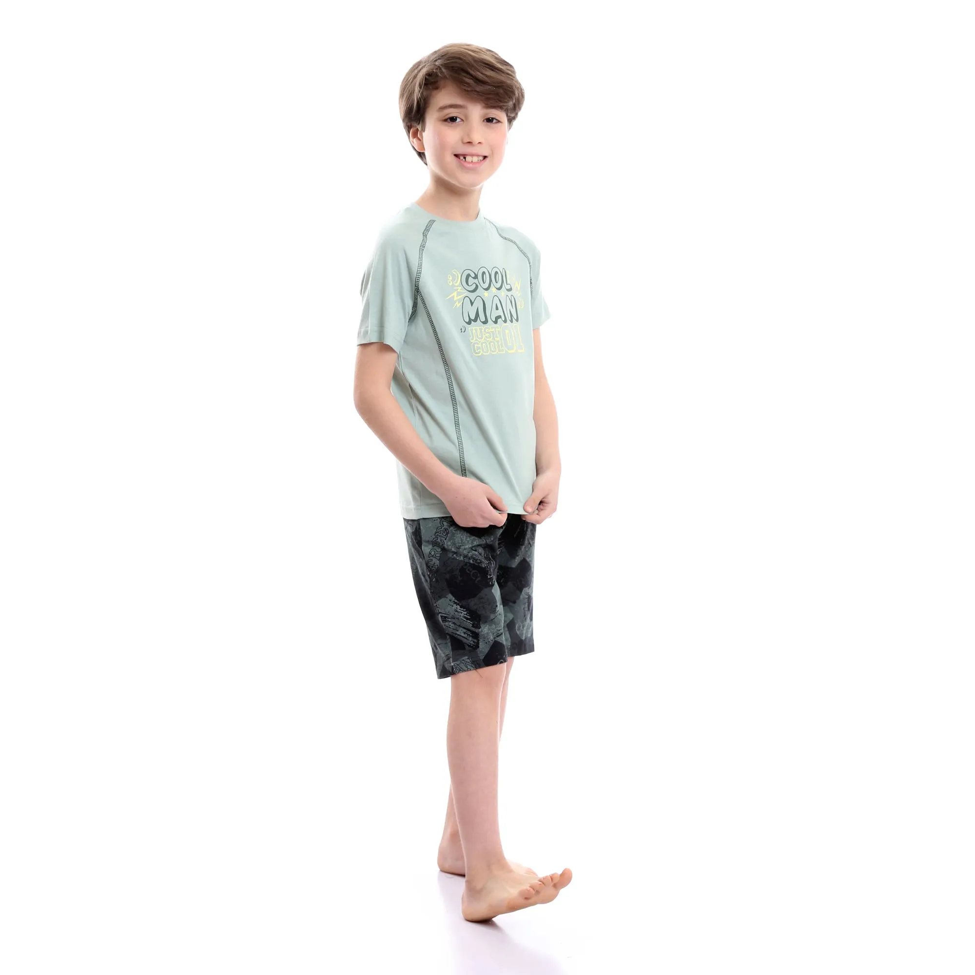 Boys "Cool Man" Print Olive Tee & Black Shades Shorts Pajama Set