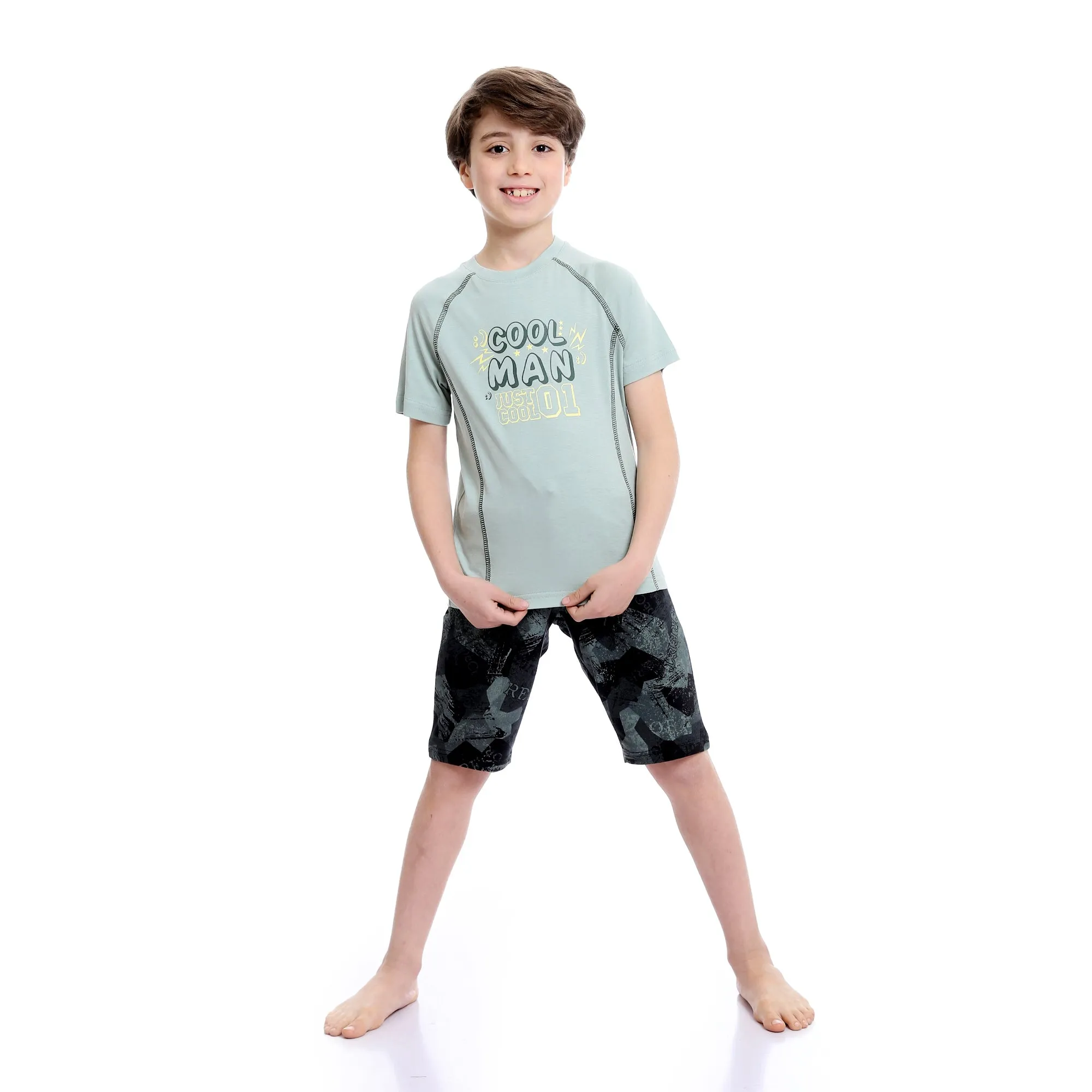 Boys "Cool Man" Print Olive Tee & Black Shades Shorts Pajama Set