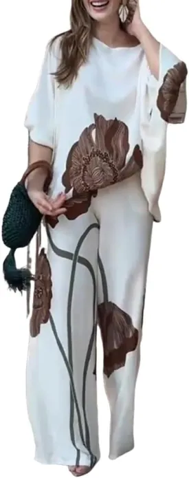 CHICME 2 Piece Outfits for Women Floral Print Batwing Sleeve Skew Neck Tops Wide Leg Pants Matching Lounge Sets
