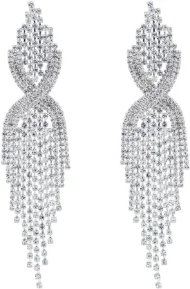 CHRAN Silver Teardrop Crystal Long Tassels Dangle Earrings Sparkling Rhinestone Ladies Gifts