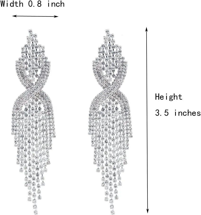 CHRAN Silver Teardrop Crystal Long Tassels Dangle Earrings Sparkling Rhinestone Ladies Gifts