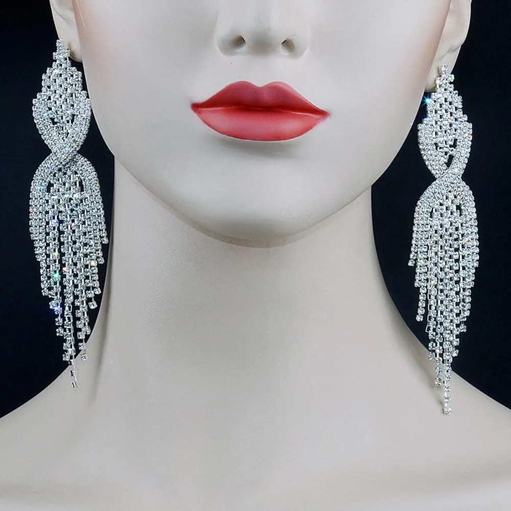 CHRAN Silver Teardrop Crystal Long Tassels Dangle Earrings Sparkling Rhinestone Ladies Gifts