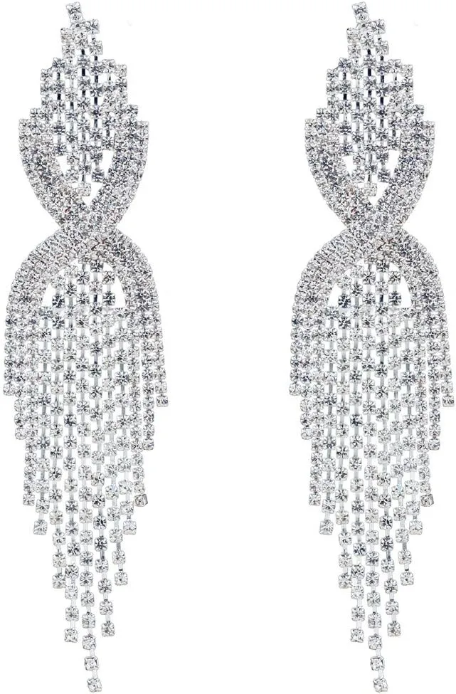 CHRAN Silver Teardrop Crystal Long Tassels Dangle Earrings Sparkling Rhinestone Ladies Gifts