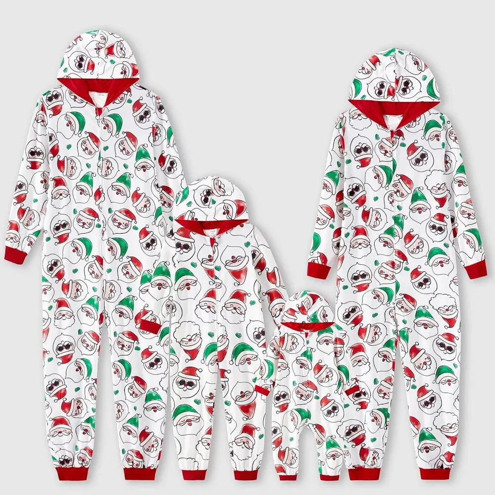 Christmas Dinosaur Onesies Family Matching Pajama Allover Santa Claus Print Long-sleeve Hooded Zipper