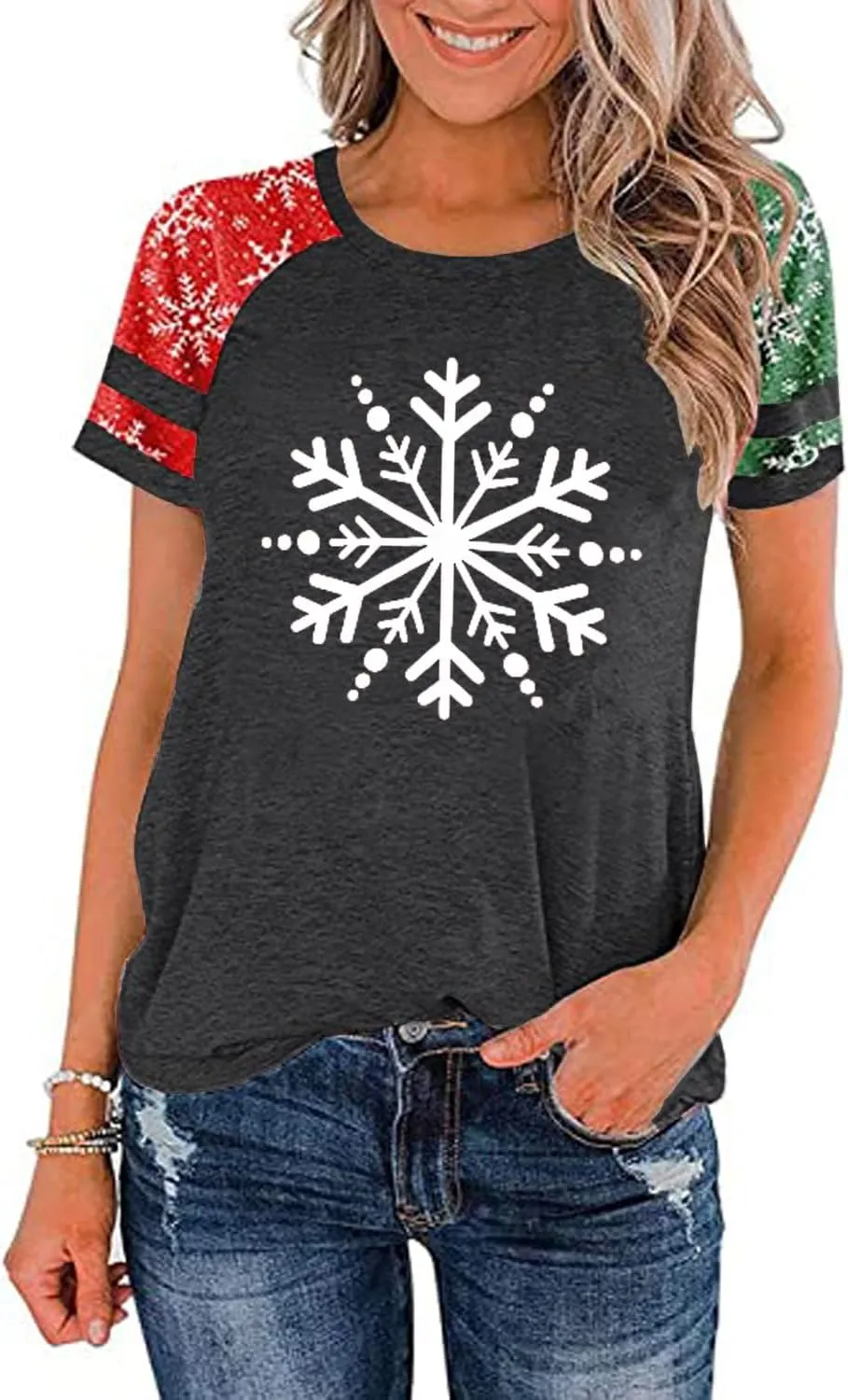 Christmas Shirt for Women Raglan Sleeve Graphic Xmas Festival Shirts Cute Holiday Trendy Tops Casual Tee Gift