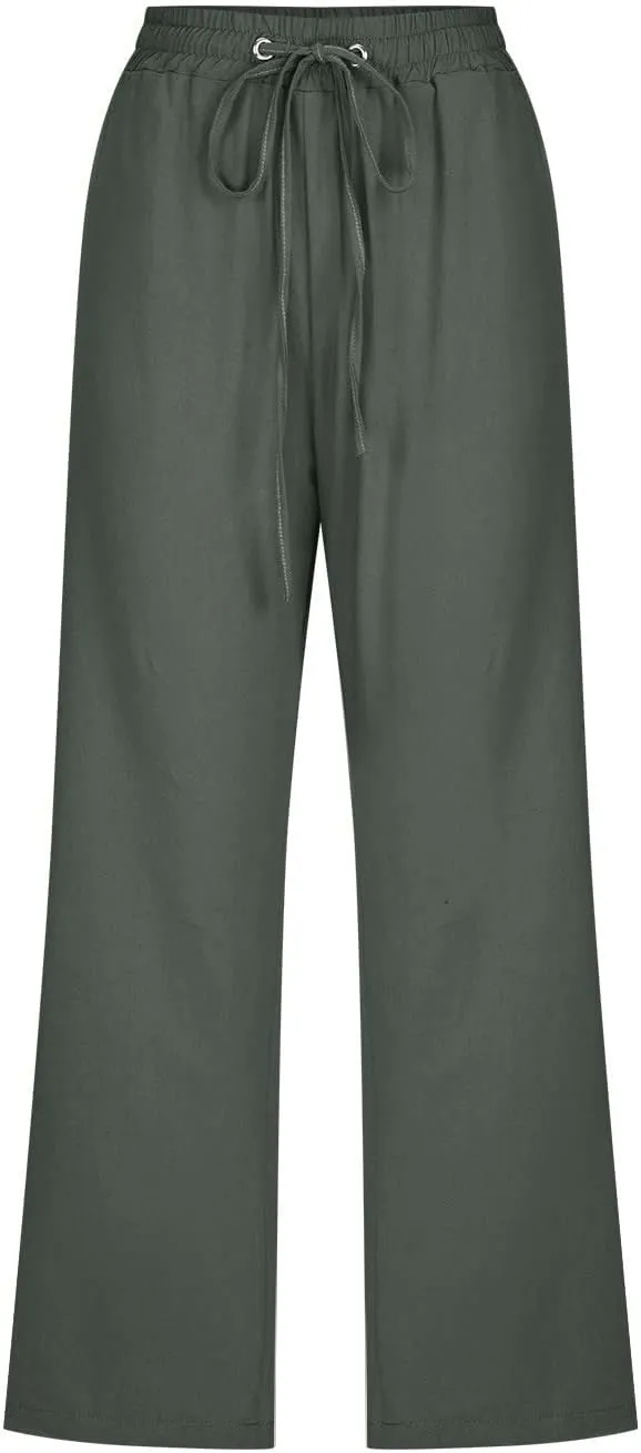 Cotton Linen Capri Pants for Women 2024 Summer Elastic Waist Wide Leg Cropped Trouser Loose Casual Palazzo Pants with Pockets