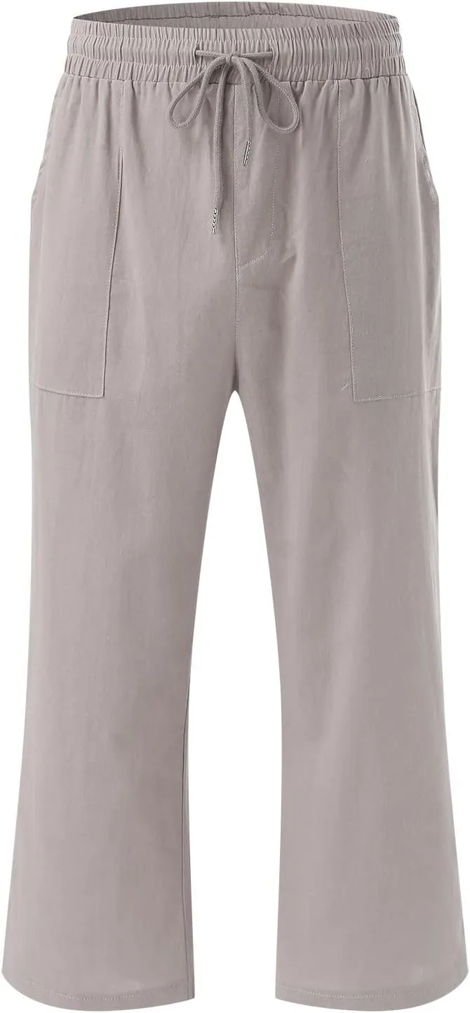 Cotton Linen Capri Pants for Women 2024 Summer Elastic Waist Wide Leg Cropped Trouser Loose Casual Palazzo Pants with Pockets