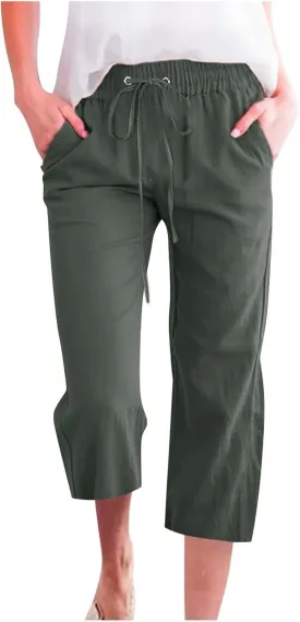 Cotton Linen Capri Pants for Women 2024 Summer Elastic Waist Wide Leg Cropped Trouser Loose Casual Palazzo Pants with Pockets