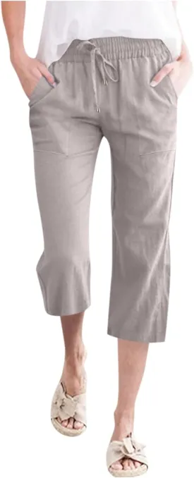 Cotton Linen Capri Pants for Women 2024 Summer Elastic Waist Wide Leg Cropped Trouser Loose Casual Palazzo Pants with Pockets