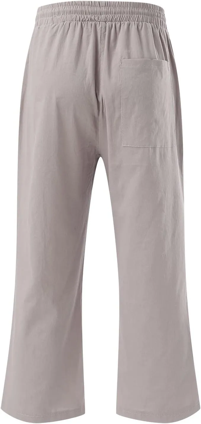 Cotton Linen Capri Pants for Women 2024 Summer Elastic Waist Wide Leg Cropped Trouser Loose Casual Palazzo Pants with Pockets