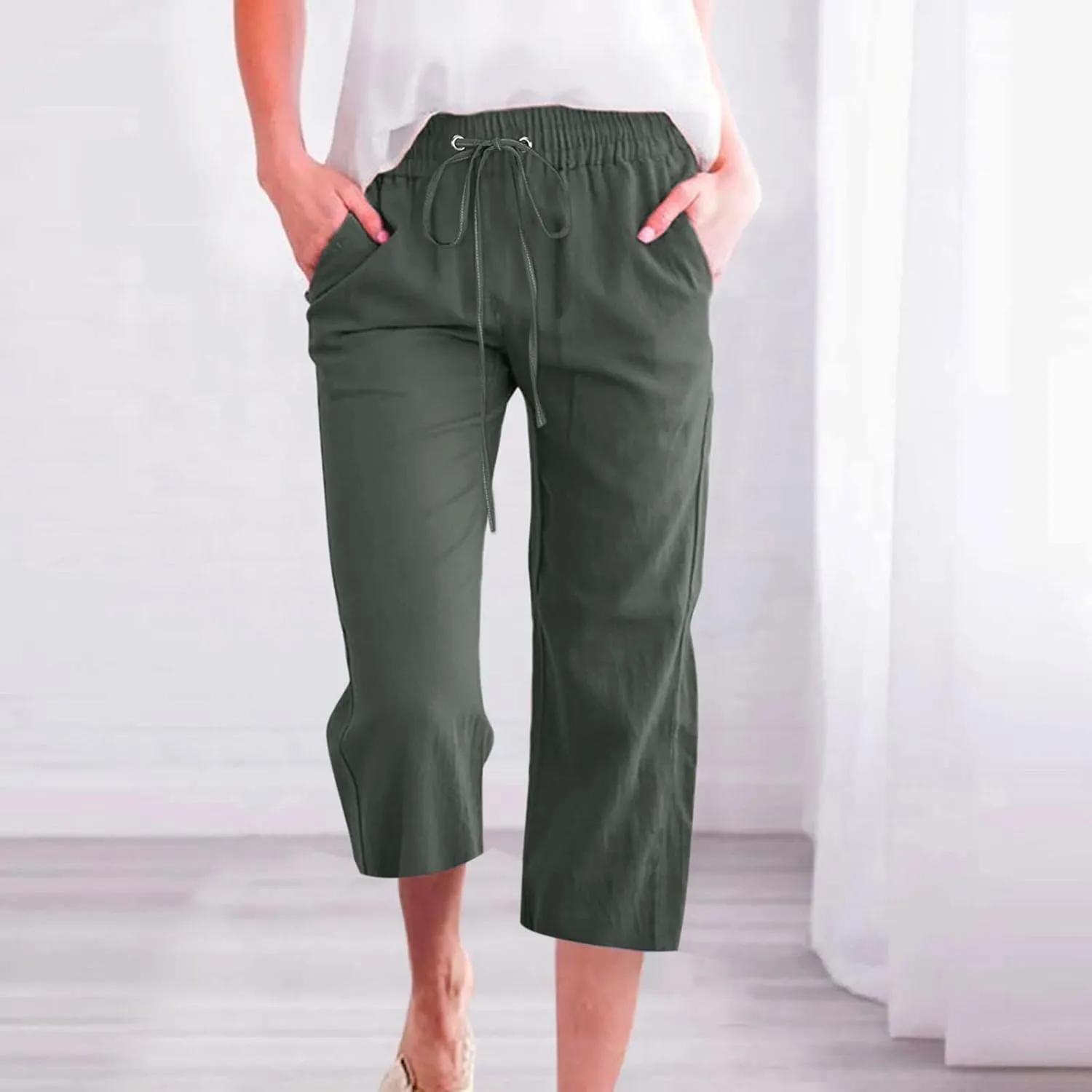 Cotton Linen Capri Pants for Women 2024 Summer Elastic Waist Wide Leg Cropped Trouser Loose Casual Palazzo Pants with Pockets