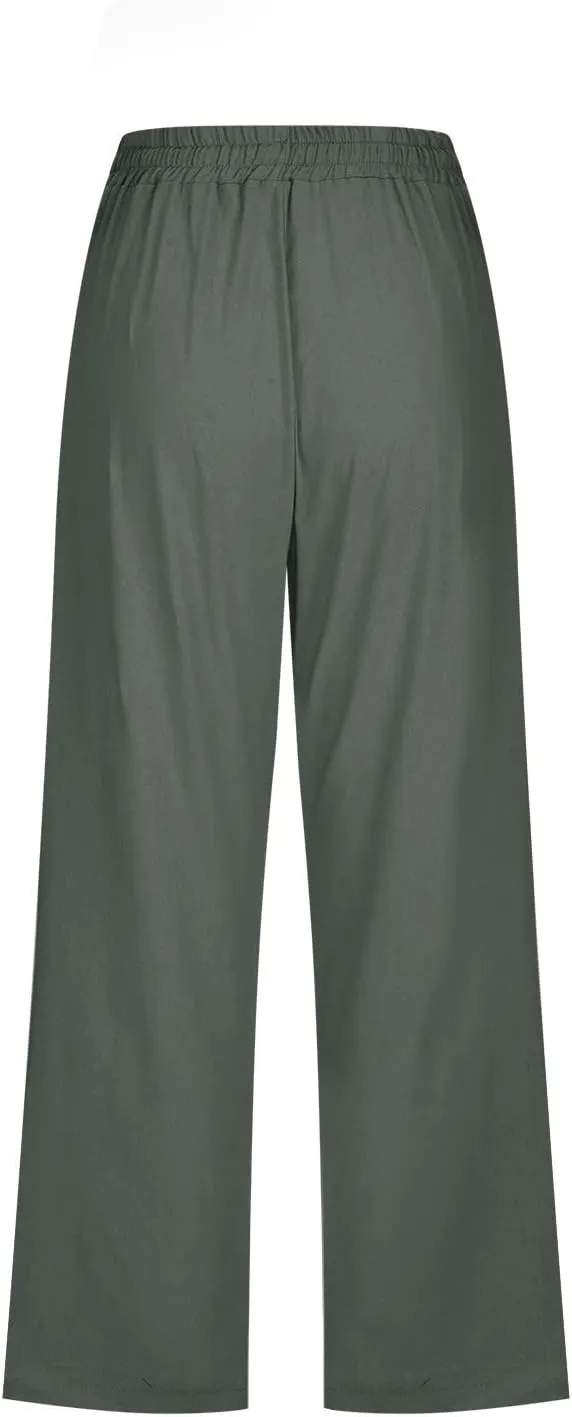 Cotton Linen Capri Pants for Women 2024 Summer Elastic Waist Wide Leg Cropped Trouser Loose Casual Palazzo Pants with Pockets