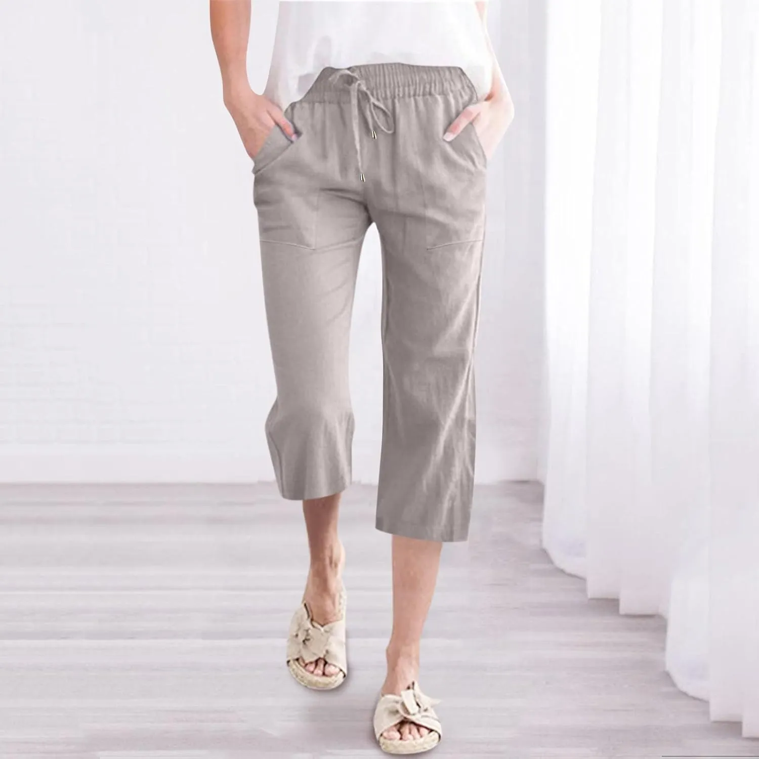 Cotton Linen Capri Pants for Women 2024 Summer Elastic Waist Wide Leg Cropped Trouser Loose Casual Palazzo Pants with Pockets
