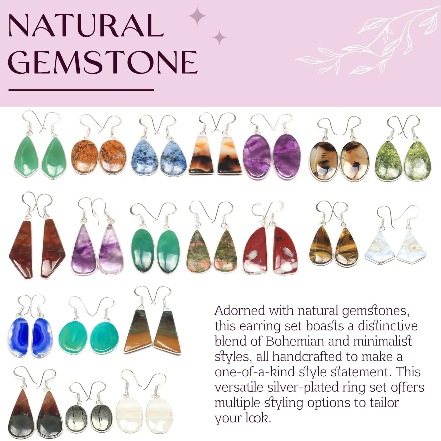 Earrings Set for Women - 5 Pairs Crystal Drop & Dangle Earrings, Assorted Natural Gemstones - Handcrafted