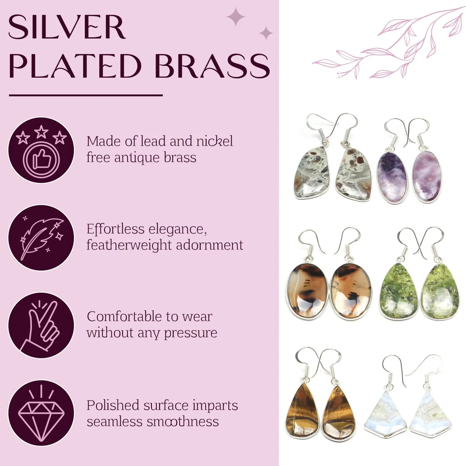 Earrings Set for Women - 5 Pairs Crystal Drop & Dangle Earrings, Assorted Natural Gemstones - Handcrafted