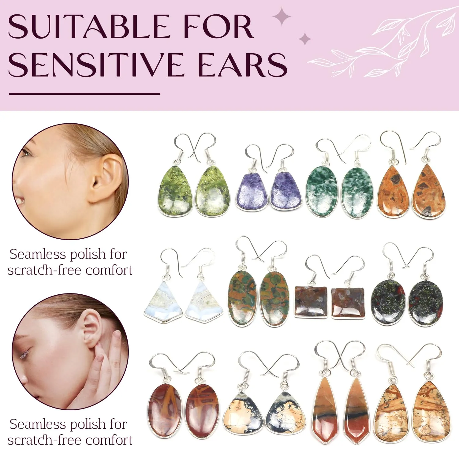 Earrings Set for Women - 5 Pairs Crystal Drop & Dangle Earrings, Assorted Natural Gemstones - Handcrafted