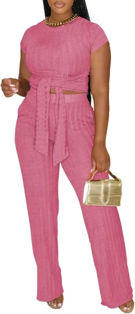 HBQ Women's Summer 2 Piece Outfits Lounge Sets Short Sleeve Belted Crop Tops Wide Leg Pant Sets Casual Tracksuit