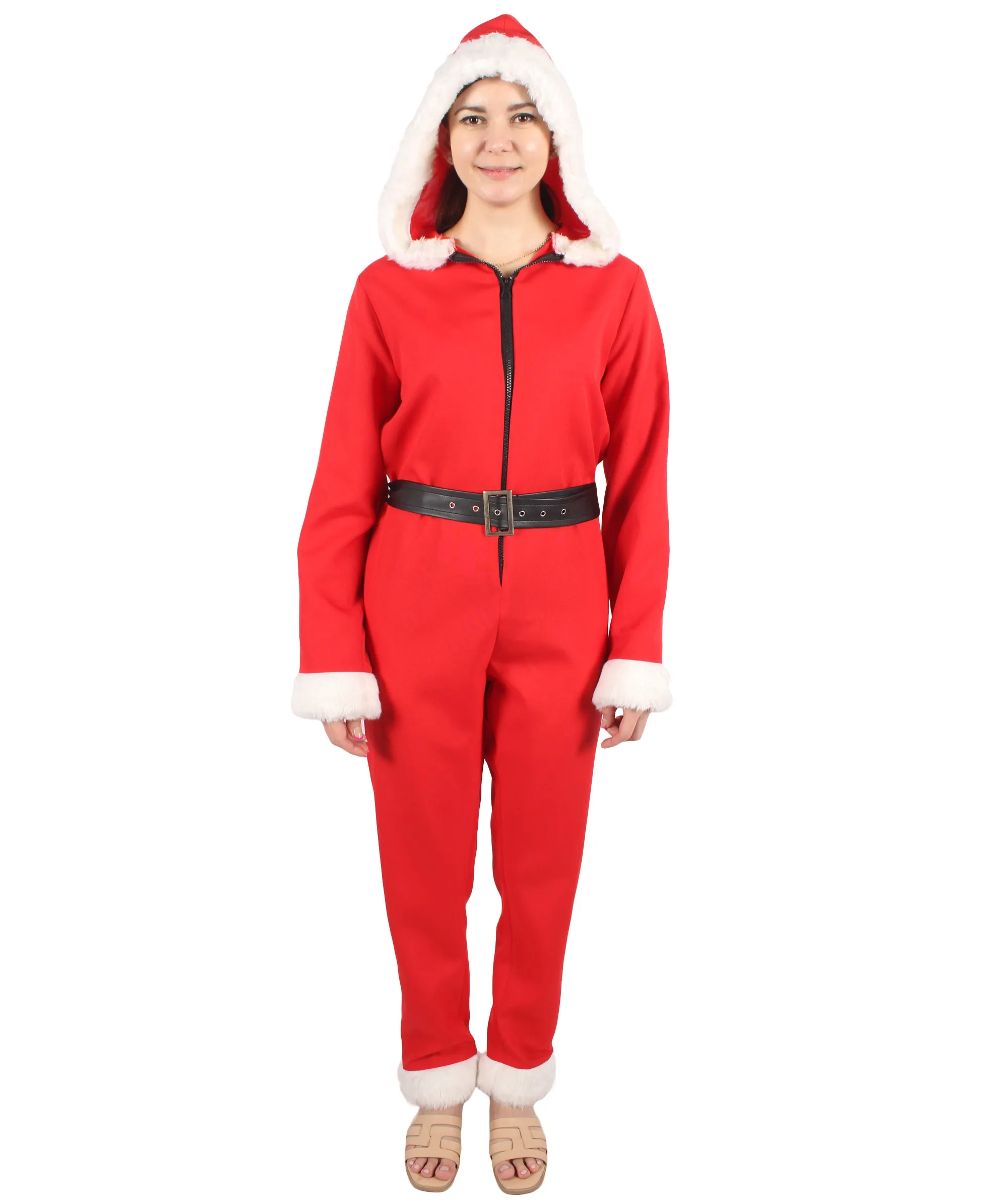 HPO Adult Women's Santa Cute Red & White Pajama Costume I Suitable for Halloween I Flame-retardant Synthetic Fabric