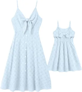 IFFEI Mommy and Me Matching Dresses Womens Eyelet Lace Midi Sundress Sleeveless Summer Dress for Casual Holiday Outfits
