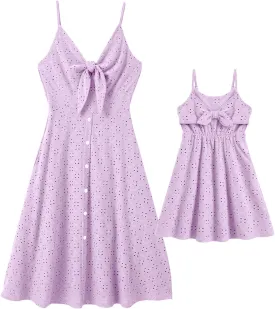 IFFEI Mommy and Me Matching Dresses Womens Eyelet Lace Midi Sundress Sleeveless Summer Dress for Casual Holiday Outfits