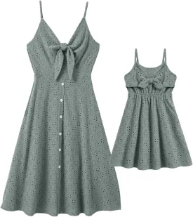 IFFEI Mommy and Me Matching Dresses Womens Eyelet Lace Midi Sundress Sleeveless Summer Dress for Casual Holiday Outfits