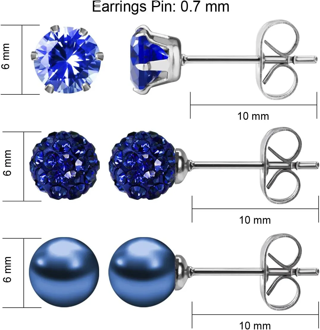 JEWELRIESHOP Birthstone Studs Earring Set Cubic Zirconia Rhinestones Crystal Ball Faux Pearl Stainless Steel Stud Earrings for Women Girl Jewelry Gift (6mm Round,3 Pairs)