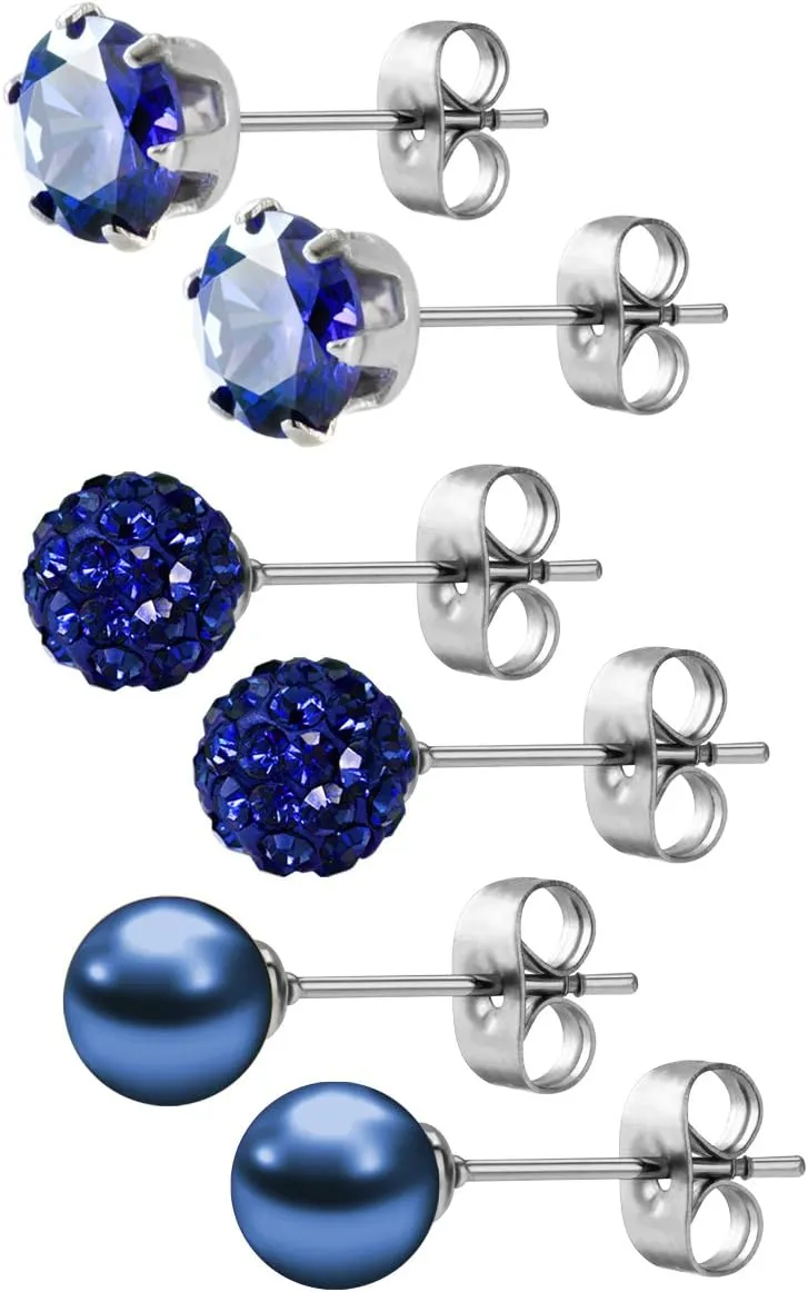 JEWELRIESHOP Birthstone Studs Earring Set Cubic Zirconia Rhinestones Crystal Ball Faux Pearl Stainless Steel Stud Earrings for Women Girl Jewelry Gift (6mm Round,3 Pairs)