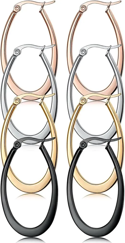 Jstyle 4 Pairs a Set Stainless Steel Teardrop Hoop Earrings for Womens