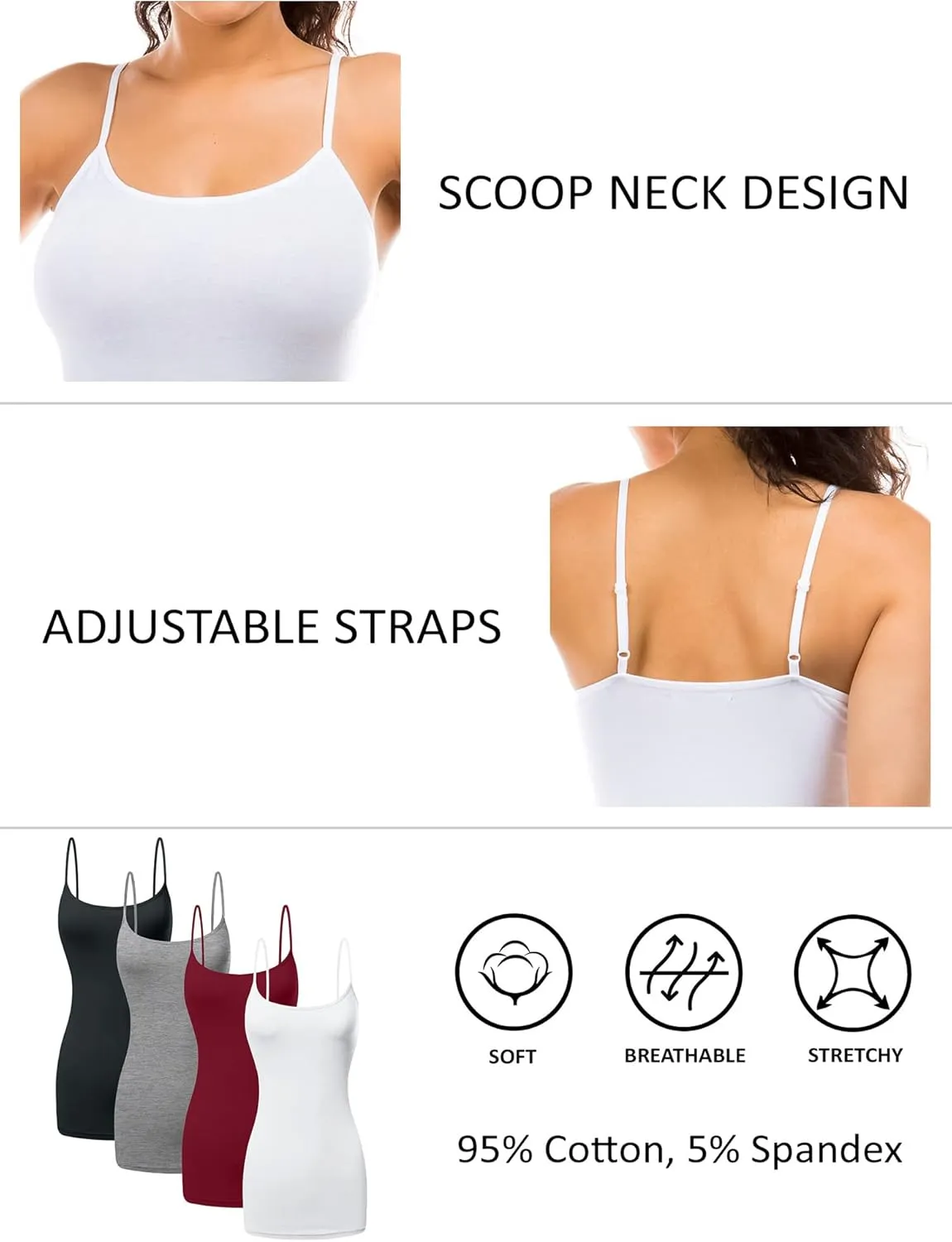 Long Cotton Camisole Spaghetti Strap Tank Top for Women Basic Cami Tops Womens Undershirts - Pack 1-4