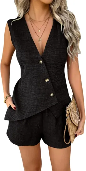 MINTLIMIT Womens 2 Piece Outfits Summer Sleeveless Blazers Button Linen Vest Shorts Set Casual Matching Sets