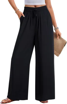NIMIN Women Wide Leg Palazzo Pants High Waisted Casual Flowy Lounge Pants Floral Solid Beach Trousers with Pockets
