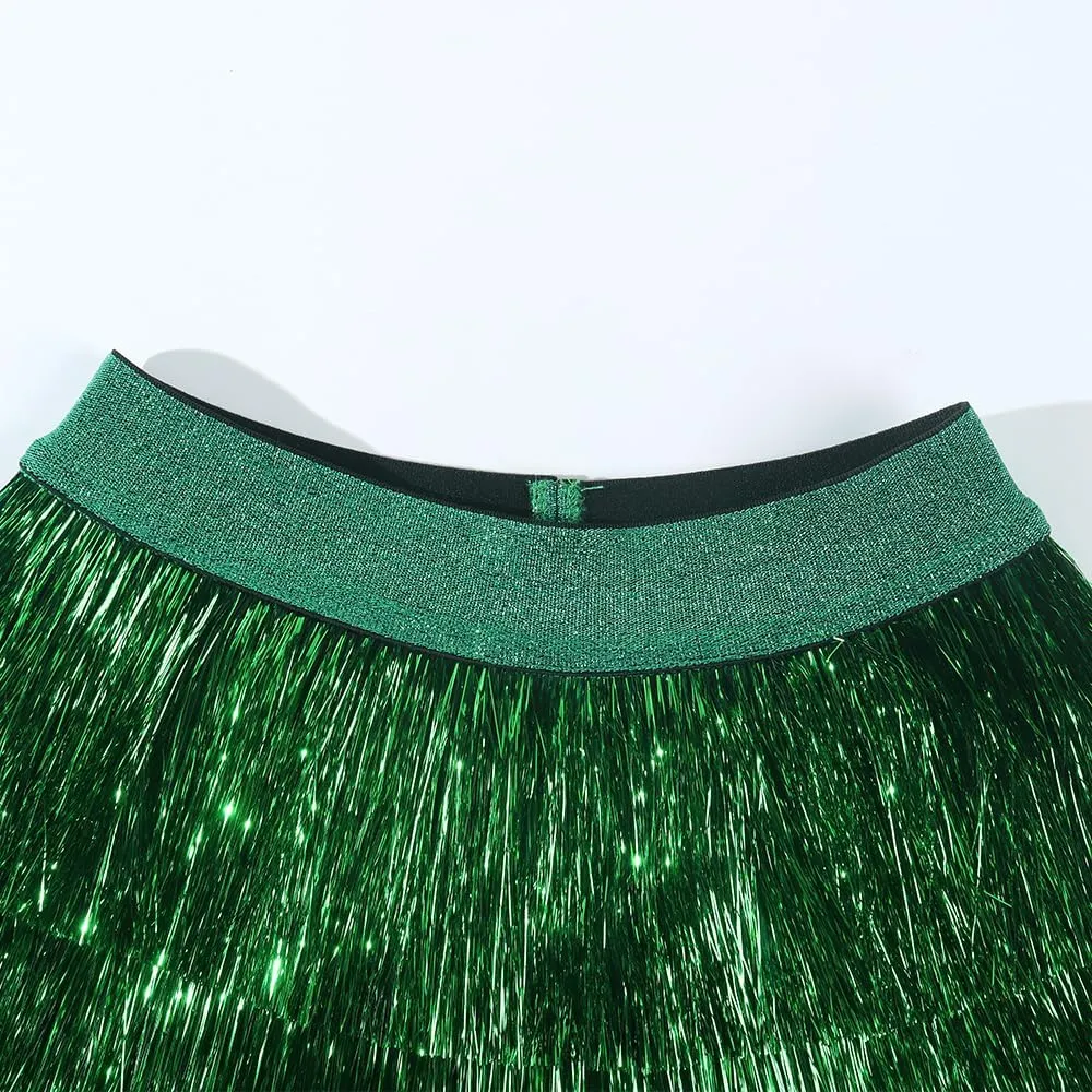 Noomelfish Girls Tinsel Fringe Skirt Sparkly Tassel Metallic Party Skirt(5-12 Years)