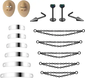 Nose Chain Spike Nose Rings Studs Surgical Steel Across Top Nose Piercing Jewelry Nostril Chain for Women Men Double Nose Piercing Nostril Bridge Jewelry, Black Silver