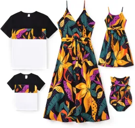 PATPAT Family Matching Outfits Mommy and Me Dresses Hawaiian Tropical Vacation Beach Spaghetti Strap Dress and Shirt